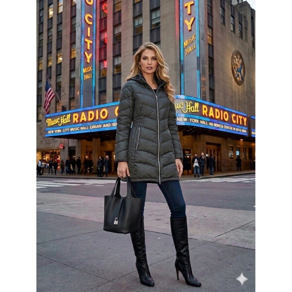 Lucky Brand Womens Down Puffer Coat Hooded Long Parka Jacket Olive Green